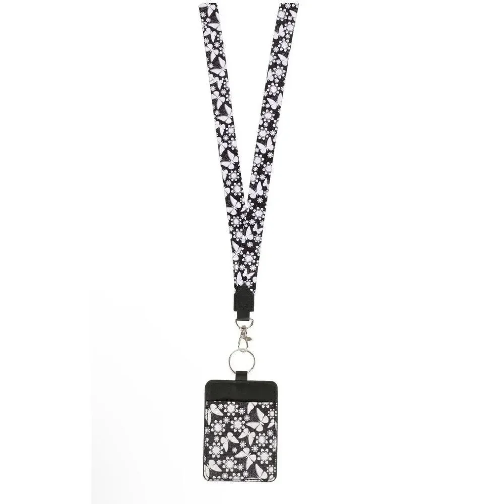 Essentials Black And White Butterfly Flutter Lanyard With Pocket 19” NEW